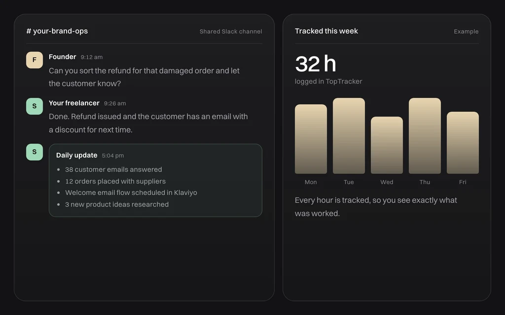 Example of a freelancer daily update in Slack and a tracked week of hours