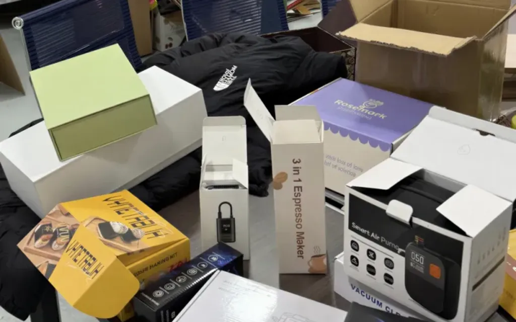 Real custom packaging samples at our sourcing office in Yiwu