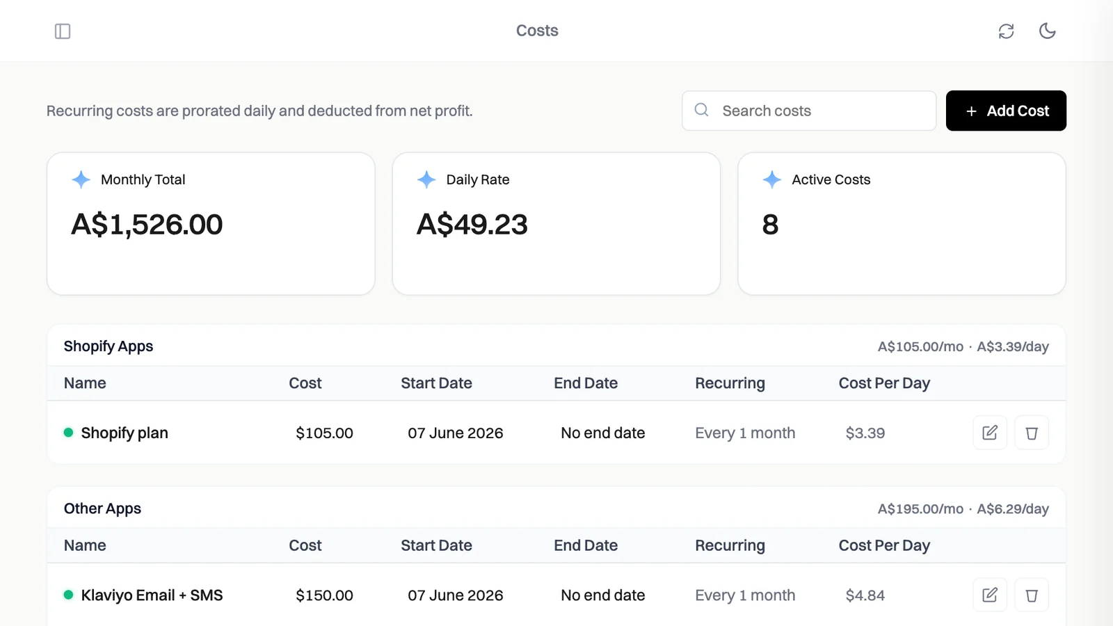 FreedomOS costs screen with sample data