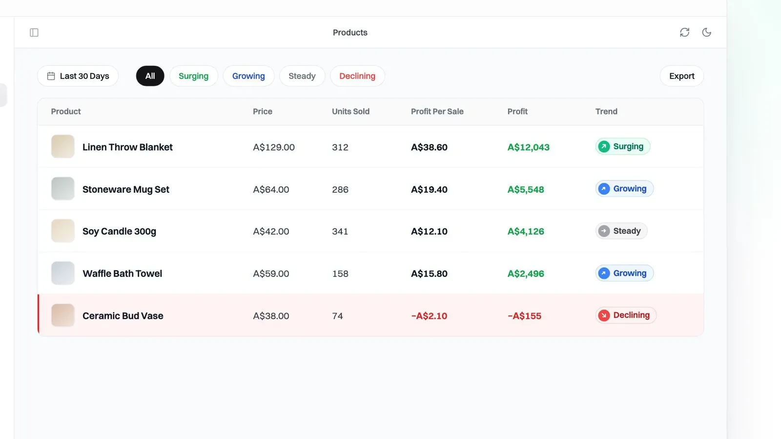 FreedomOS products screen with sample data