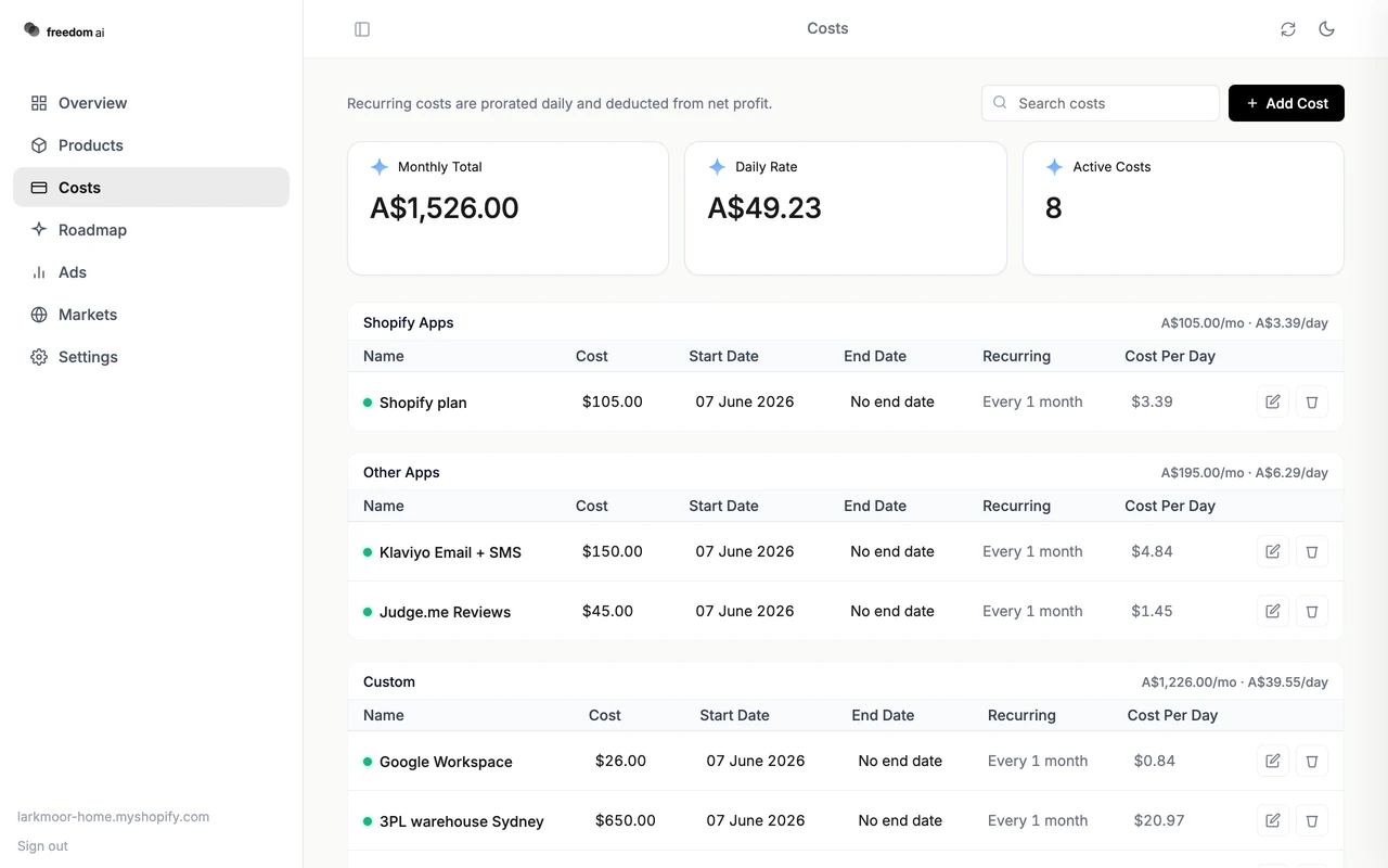 FreedomOS costs screen with sample data