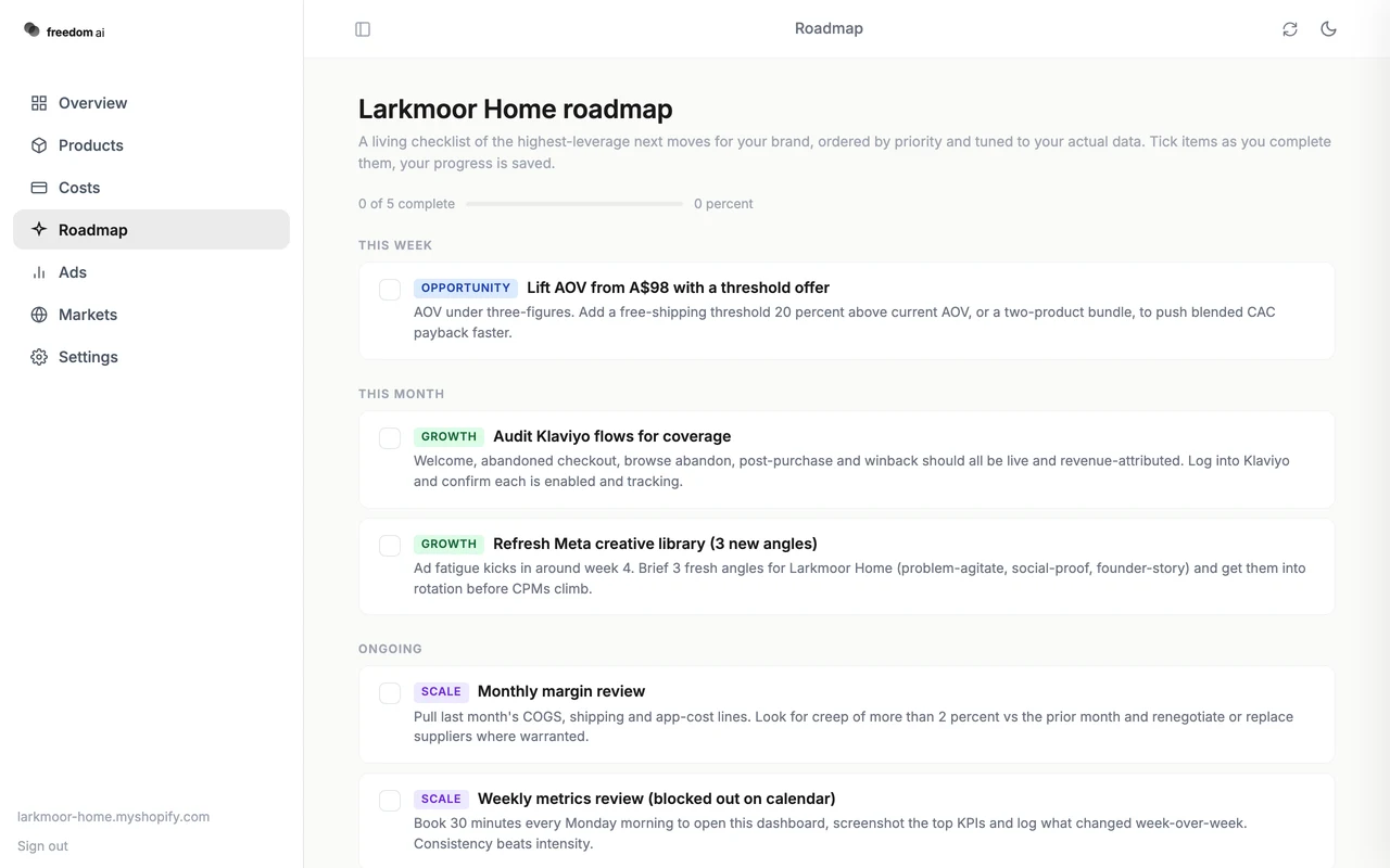 FreedomOS AI insights screen with sample data