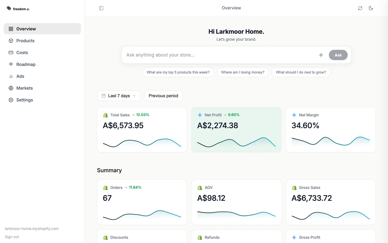 FreedomOS overview screen with sample data