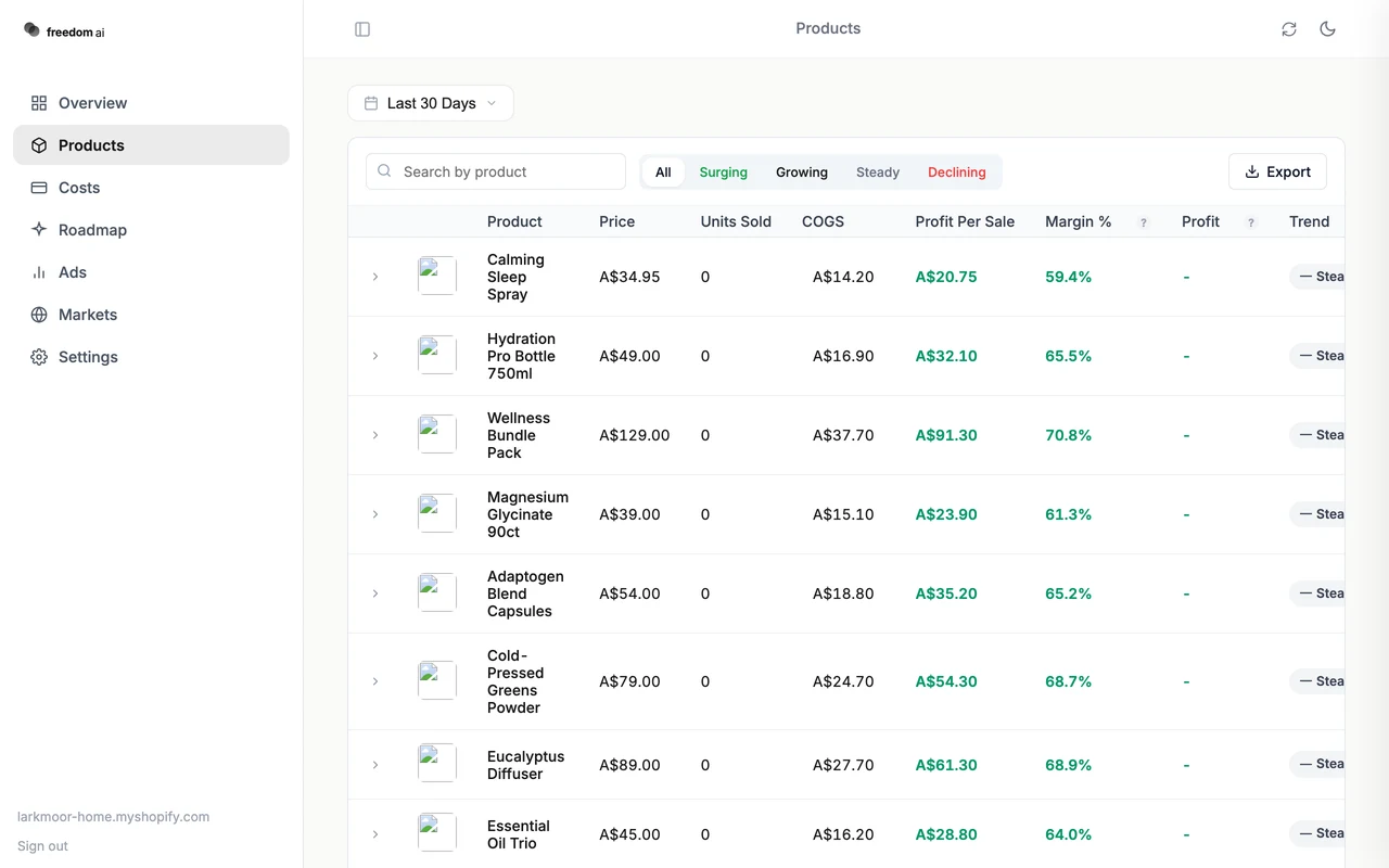 FreedomOS products screen with sample data